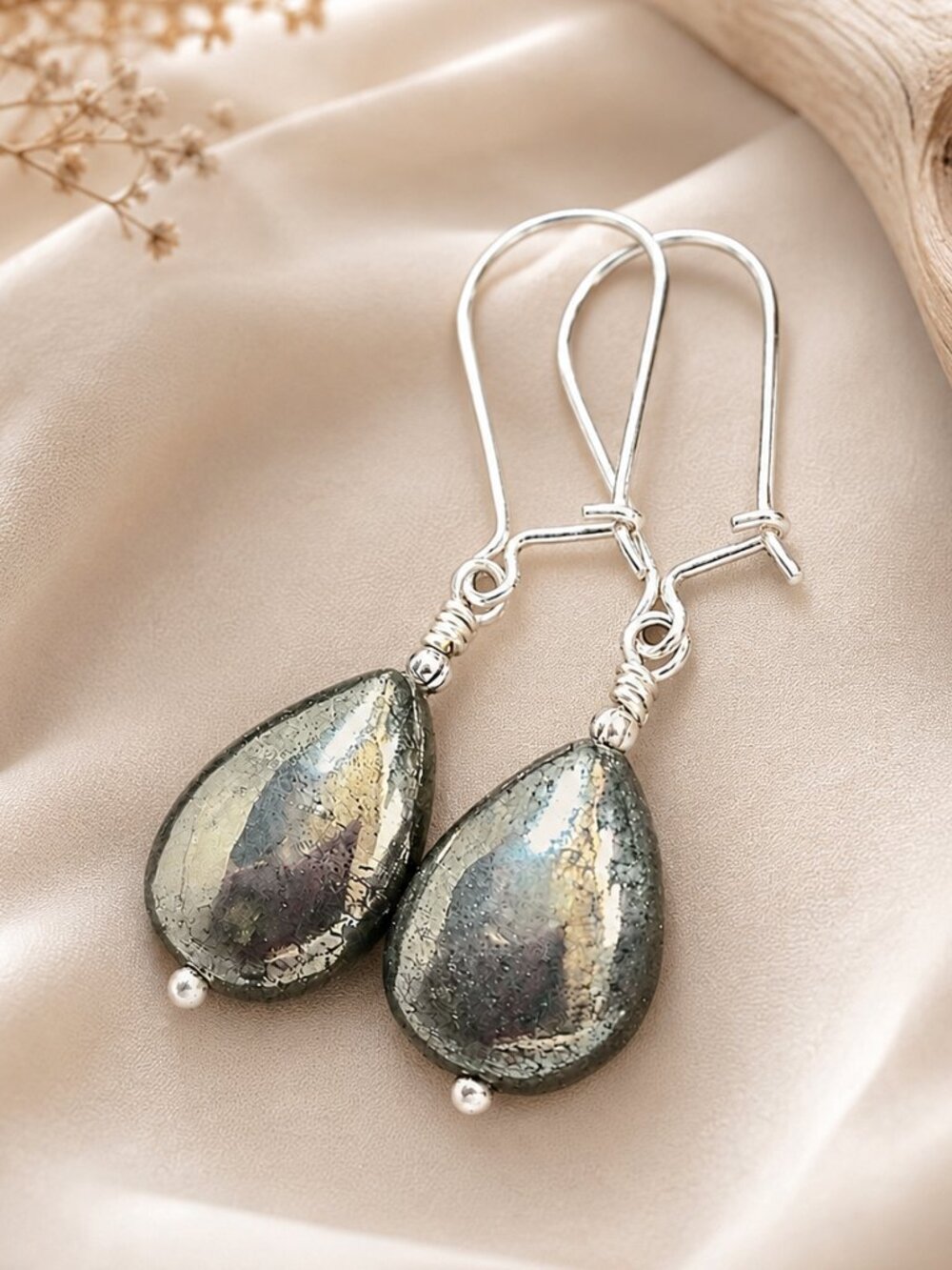Sterling Silver Pyrite Earrings, Stone Dangles, Real Gemstone Jewelry, Handmade